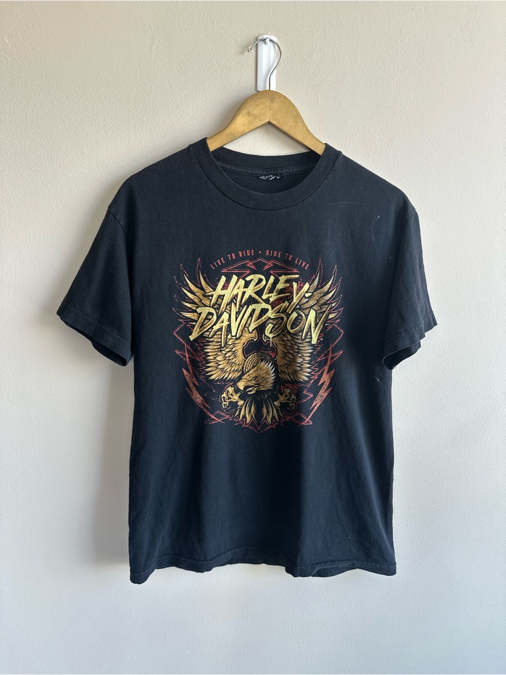 Harley-Davidson Black T-Shirt with Gold and Red Eagle Graphic